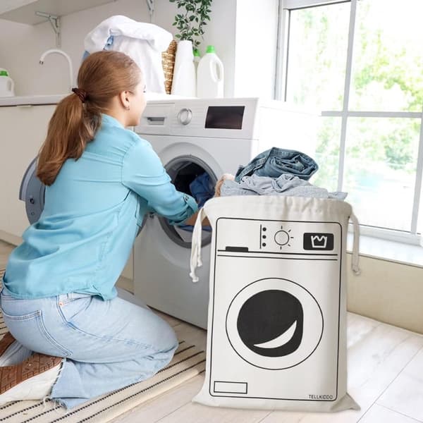 Laundry Bag Large Cotton Drawstring Storage Sack for Travel Dorm Bathroom White Black 60 x 80 cm