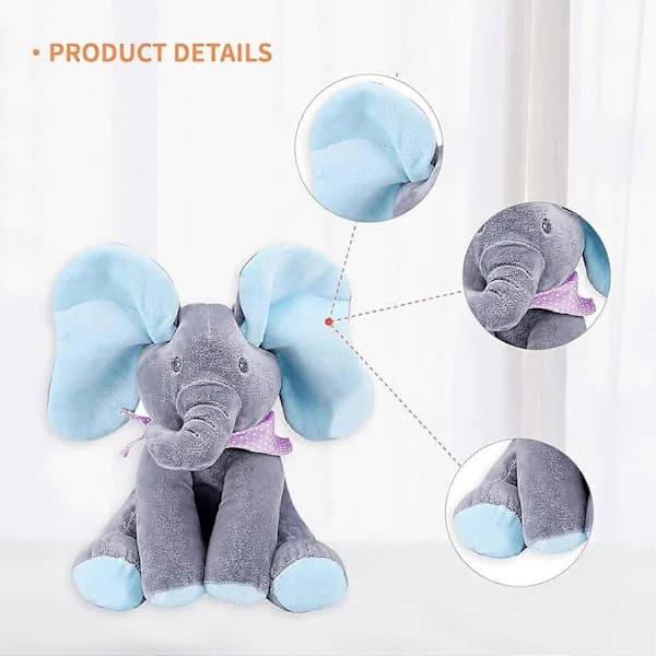 (pow yeah!) Adorable Blue Musical Elephant Plush, Peek-a-Boo Singing Toy for Babies