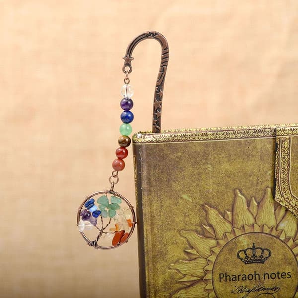 Bronse Metall Stjerner Måne Sol Bokmerke med 7 Chakra Perler Wire Wra