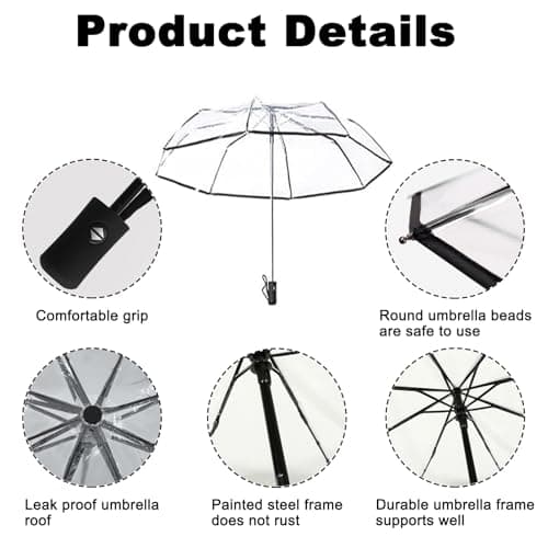 Automatic Open Close Clear Umbrella, Compact Foldable Transparent Umbrella, Windproof Travel Umbrella with 8 Ribs for Women Men (Black)