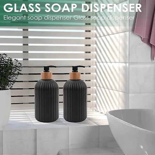 (pow yeah!) 14Oz Glas Tvålpump med Träbricka, 2 ST Hand- och Diskmedelspumpset, Kök Badrum
