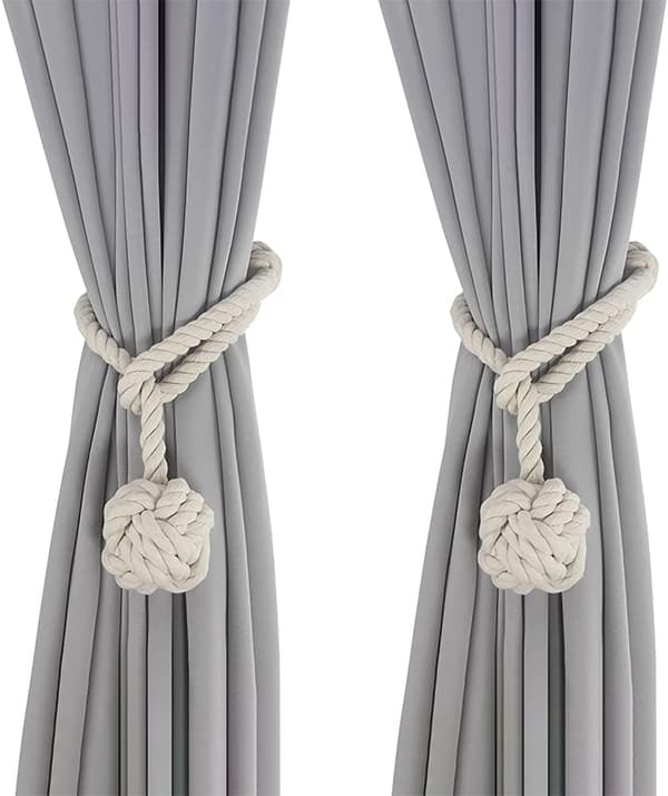 Beige gardinomtag (64 cm), 2 st gardinomtag, handknutna