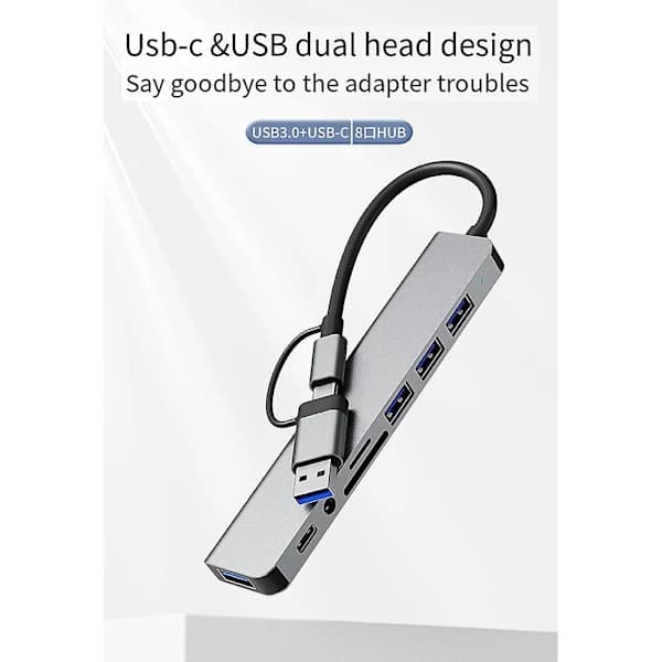 USB-dockingstation, 8-i-1-hub, med PD100W, SD/TF, Audio 3.5, 4 USB-porte, til bærbare computere, T