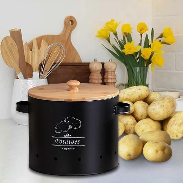 Storage Container for Potatoes, Onions, and Garlic in Tin - Kitchen Storage Jar with Lid