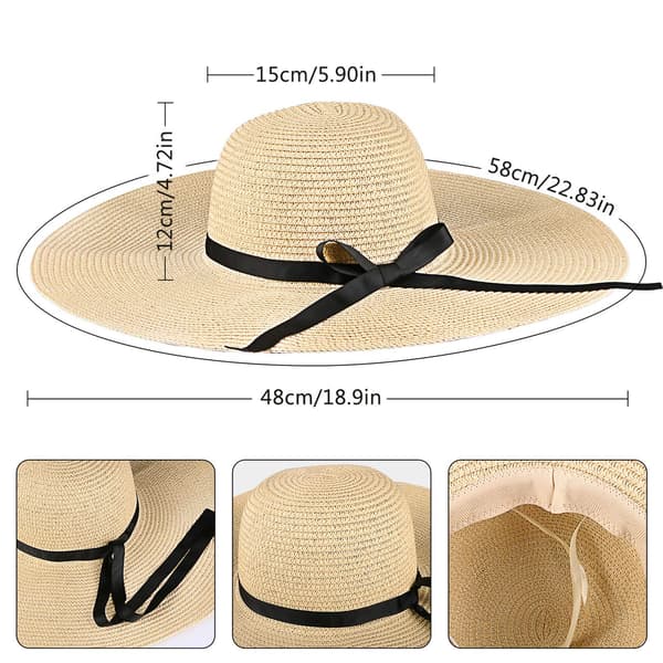 Halm solhatt for kvinner, solbeskyttelse sammenleggbar bred brem strand