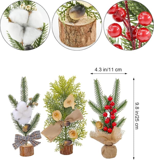 Mini Artificial Christmas Trees, 3-Pack with Berries and Needles, for Home and Office Decorations