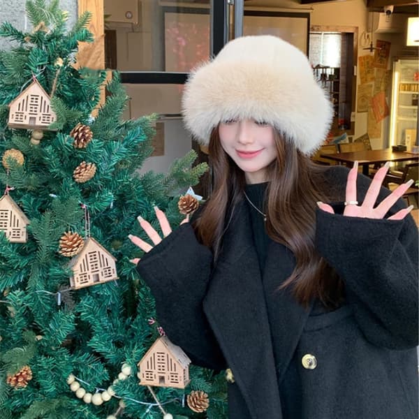 Fuskepelslue for kvinner Kosakk russisk stil Vinter Lodden Pels Ushanka Varm Fluffy Bøtte Lys Brun Medium-Stor Light Brown Medium-Large