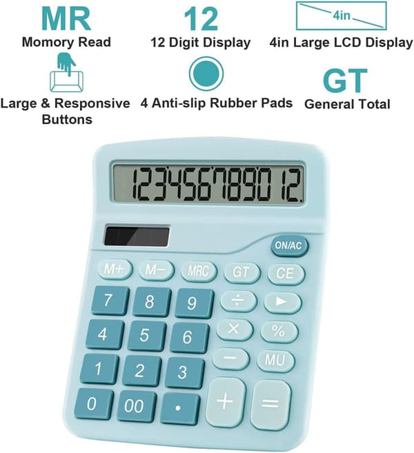Office Calculator, 12-Digit Dual Power, Large LCD Display, Suitable for Office, Home and School (Blue)