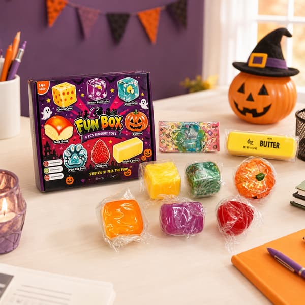 8-delad Halloween Squishy Fun Box, Pumpa Mat Tass Smör och Glitter Kub Stressavlastande Fidget Leksaker