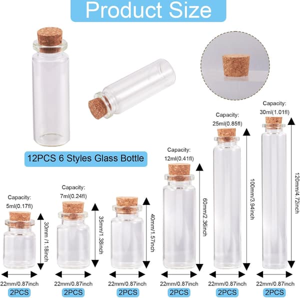12 st glasflaskor 5ML 7ML 12ML 25ML 30ML Önskeflaskor med korkproppar Kolonn Transparenta flaskor för bröllopsgåvor Hantverk Smycken Heminredning