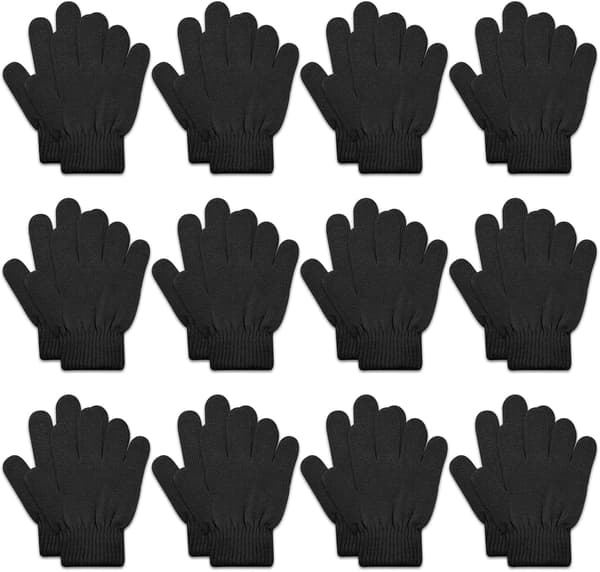 12 par børnehandsker - varme strikkede vinterhandsker i bulk til piger og drenge | Bomuld/polyester materiale, 1-3 år, sort