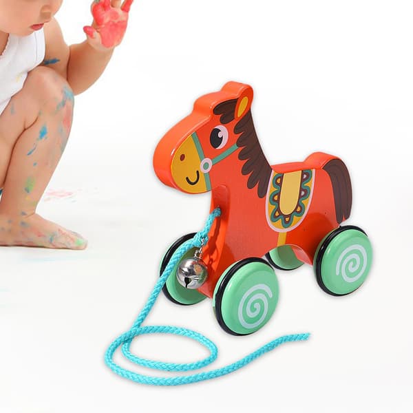 DYNWAVE Push and Pull Toy Wooden Animal Walking Educational Activity Toy Sensory Bell Bidirectional Movement Rounded Edges Suitable, Horse