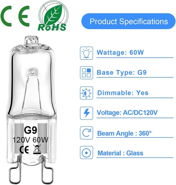 G9 Bulb 60W G9 Halogen Bulb 2-Pin for Range Hood Microwave Bathroom Light Pendant Light 120V 2700K Warm White 12-Pack