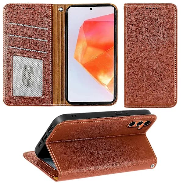 (pow yeah!) Case for Samsung Galaxy A16 4G / 5G Wallet Case RFID Blocking Leather Phone Cover Strong Magnetic Closure Brown