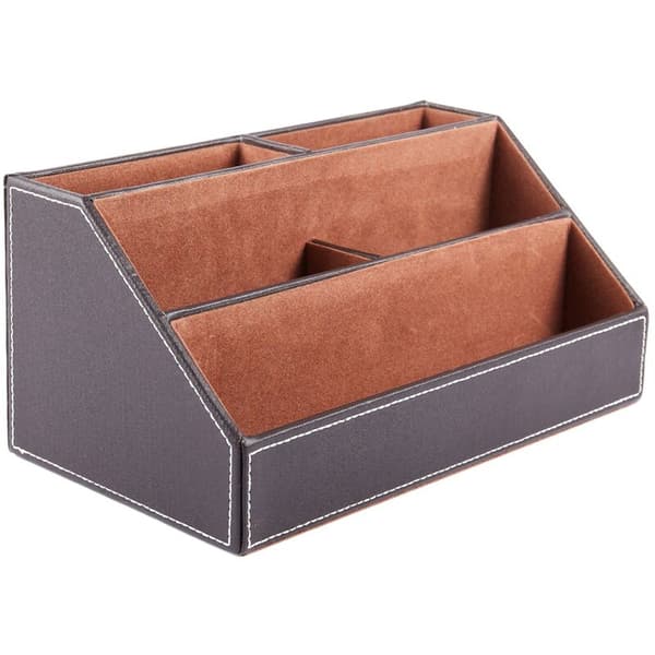 Multifunctional storage box in wood and leather structure for desk or table, pen holder, mobile phone (brown)