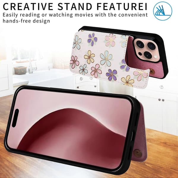 For iPhone 16 Pro Case Flower Leather+TPU RFID Blocking Card Slot Phone Case