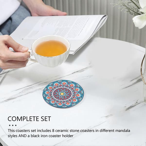 Coasters for Drinks, 8 Absorbent Stone Coasters for Wooden Tables, Mandala Ceramic Coasters with Cork As Shown As Shown