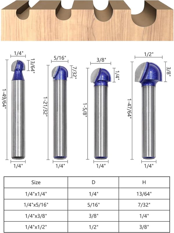 4 st kärnboxfräsbit 1/4\" skaft rundnosset 4 st 4\" 2\" 16\" 8\" 4 Pcs - Core Box Router Bit