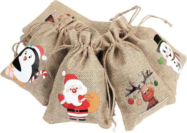12 Christmas Jute Sacks Small Candy Bags Drawstring Pouches