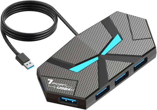 USB-hub 3.0 med strømadapter 7 porte Højhastighedsdataoverførsel Forlængerkabel 1,2 m Indbygget LED-lys til PC Laptop Desktop Flash Drive Sort
