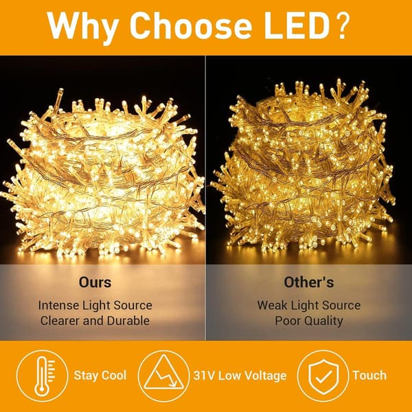 1000LED 30M String Lights Outdoor/Indoor, Christmas Lights Warm White Mains Powered, 8 Modes Waterproof String Lights - Silver Wire