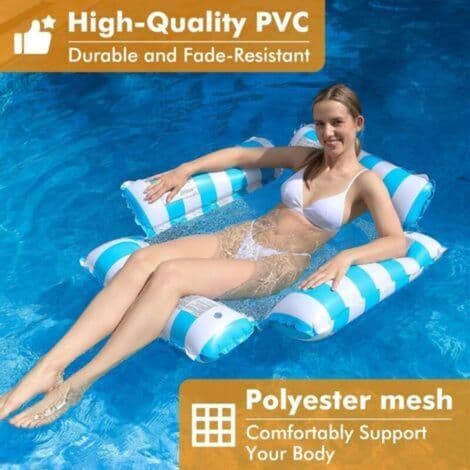 Oppustelige pools til voksne og børn, flydende stole, lounge, stribede flydende hængekøjer, poolfester, sommervandleg.