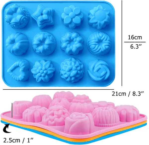 3 dele, lyserød, blå, orange, silikoneforme, fondant med 12 hulrum