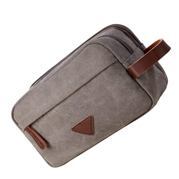 Herr Necessär med Dubbla Fack Canvas Läder Kosmetisk Makeup Organizer Rakning Dopp Kits - Grå