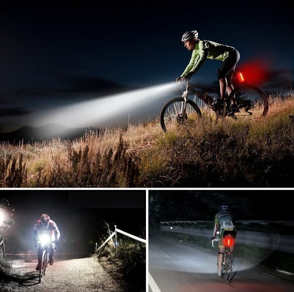 Et sæt sort (forlygte + dobbelt juvel baglygte) cykel