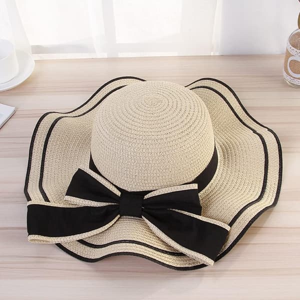 Dame stråhat med bred skygge, sommer strand solbeskyttelseshat floppy med sløjfe beige medium Beige Medium