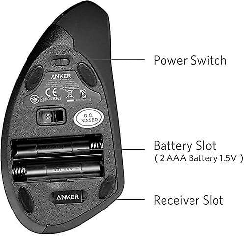 Anker 2.4g Trådløs Vertikal Ergonomisk Optisk Mus, 800 / 1200 / 1600 Dpi, 5 Knapper Til Bærbar, Stationær Computer, PC