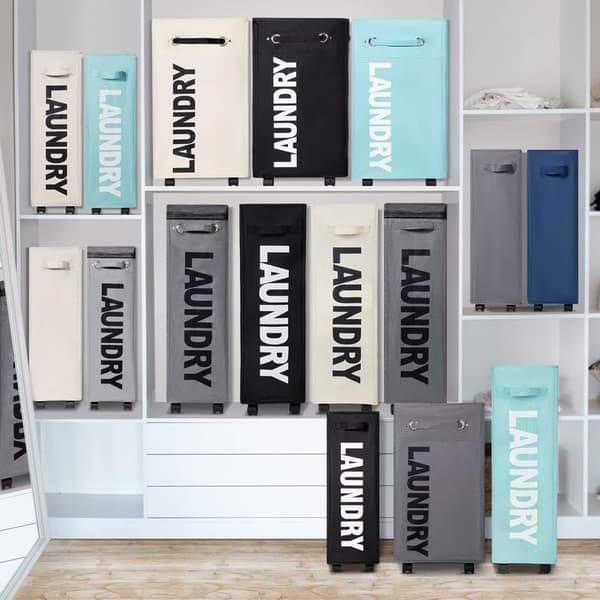 Rolling Slim Laundry Basket with Lid, Foldable Clothes Storage with Wheels for Home and Corner Grey 39x19x57cm