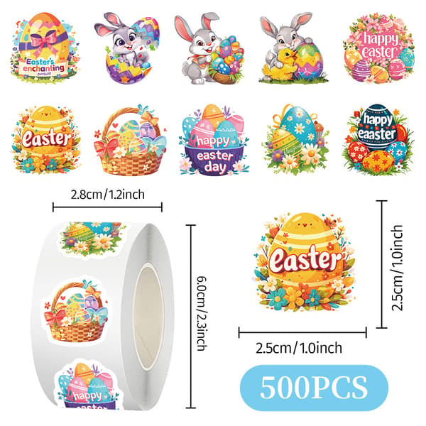 500 Pcs Easter Stickers 1 Inch Bunny Sticker Cute Egg Stickers
