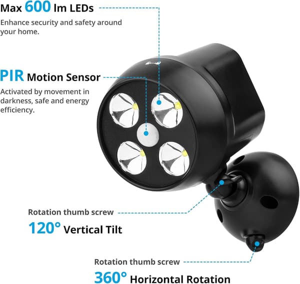 2-pack Battery-Powered Outdoor LED Security Light 600 Lumen Black