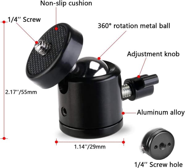 2-pakning 1/4\" mini svingbart kulehode stativfeste – 360° baseadapter for DSLR, kamera, lampe