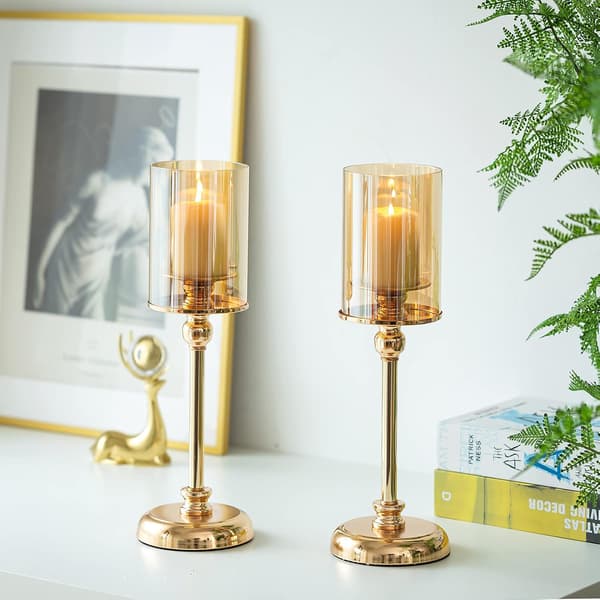 2 Gold Hurricane Candle Holders Tall Gold Candlesticks Metal Pi