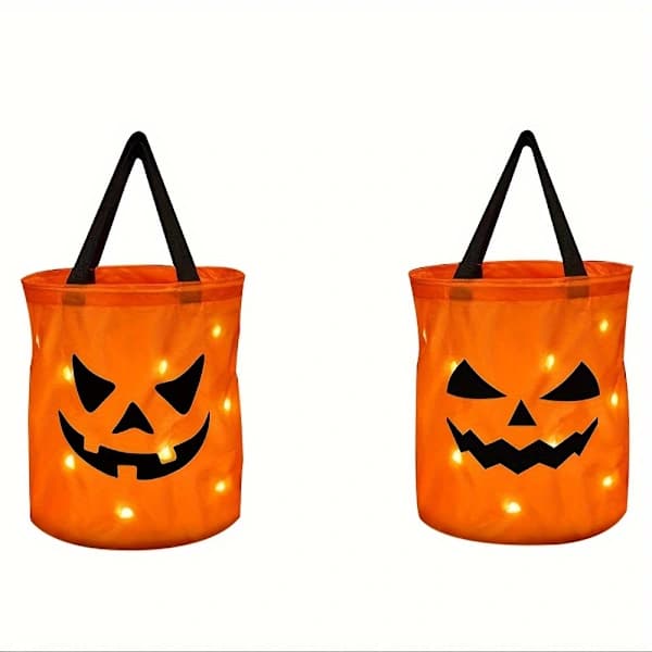 (Pow yeah!) LED Luminous Pumpkin Candy Bags - 2 Pcs, Reusable Halloween Candy Buckets With Battery-Powered Lights For Festive Decorations WSJ45