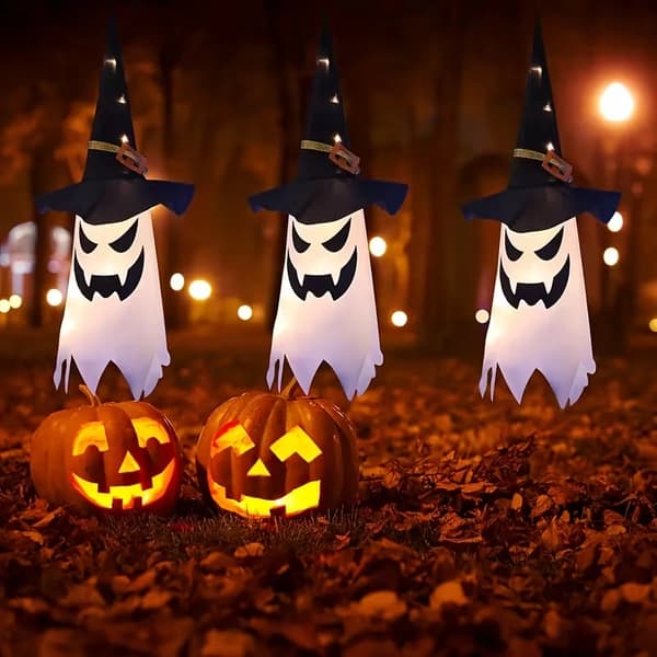 Halloween Hanging Decorations Set – LED Ghost & Witch Hat Lanterns for Outdoor Festive Display Warm White Warm White