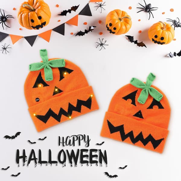 2 stk Halloween LED lysende lue, gresskar spøkelse strikket lue