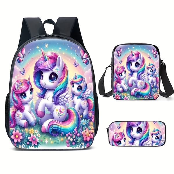 Unicorn Pattern Backpack Set with Shoulder Bag and Pencil Case Not provided Unicorn Red Not provided Unicorn Red