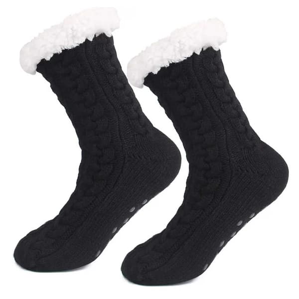 Fuzzy varme strikkede sokker, hjemmesko med skridsikker sort sort black one size