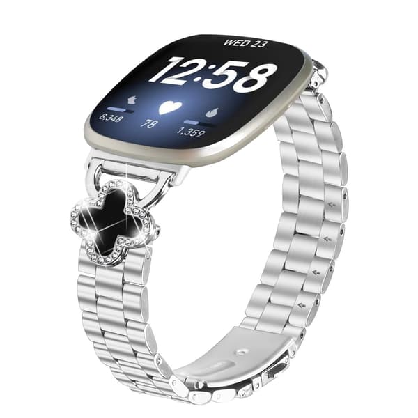 Urrem i rustfrit stål med kløver, kompatibel med Fitbit Versa 4/Versa 3/Sense 2