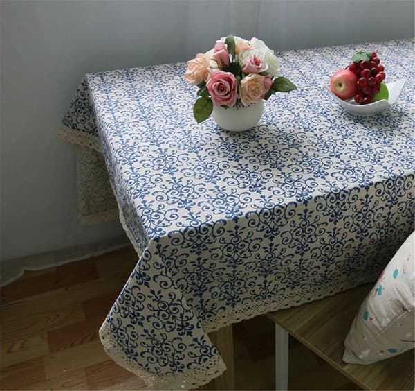 Klassisk linne bomull blå blommig tryckt bordsduk dammsäker rektangulär bordsduk bröllopsfest hotellbordsduk, 140*180cm