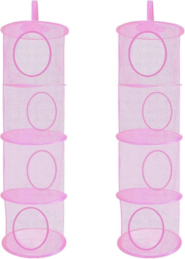Hanging Net Storage, 2-pack Foldable Hanging Toy Storage, 4 Compartments Foldable Hanging Storage Basket Teddy Storage Net pink pink