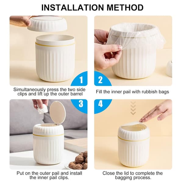 Tabletop Container with Push-Button Lid, 2L Mini Bathroom Trash Can, Office Trash Can for Living Room, Office, White (13×13×16cm)