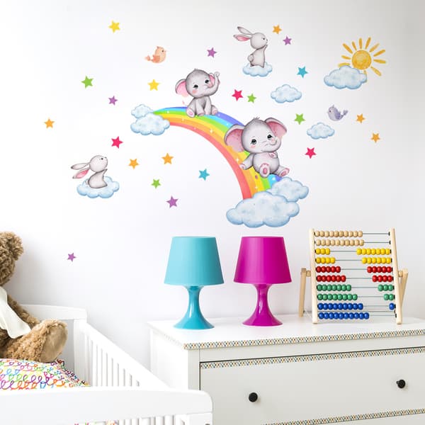 Rainbow Animal Wall Decals Elephant Rabbit Cloud Wall Stickers
