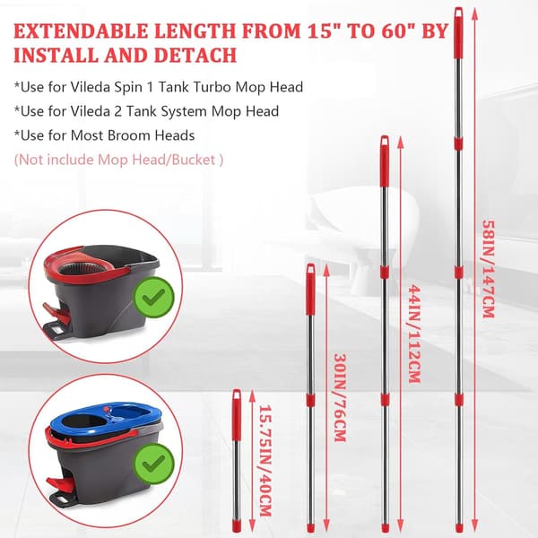 Replacement Mop Handle Compatible with Vileda Spin Mop Accessories, 147 cm Long Stainless Steel Mop Handle for Most Mop Heads 1x Mop Handle