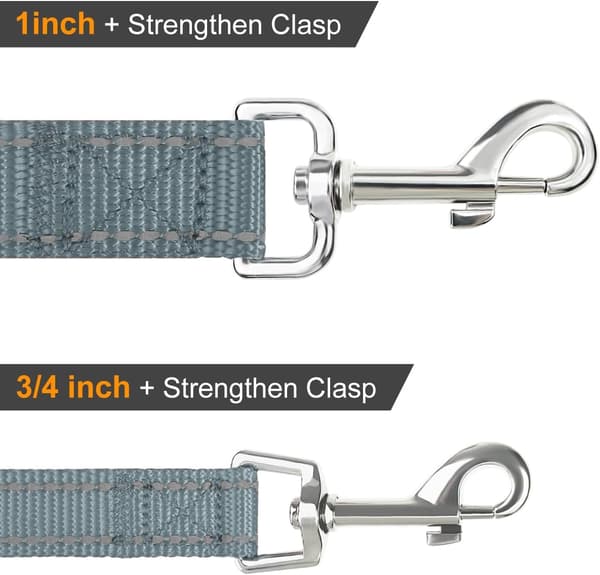 Reflective Nylon Dog Leash with Padded Handle Double-Sided Training Lead for Medium and Large Dogs 1.8m x 2.5cm Grey