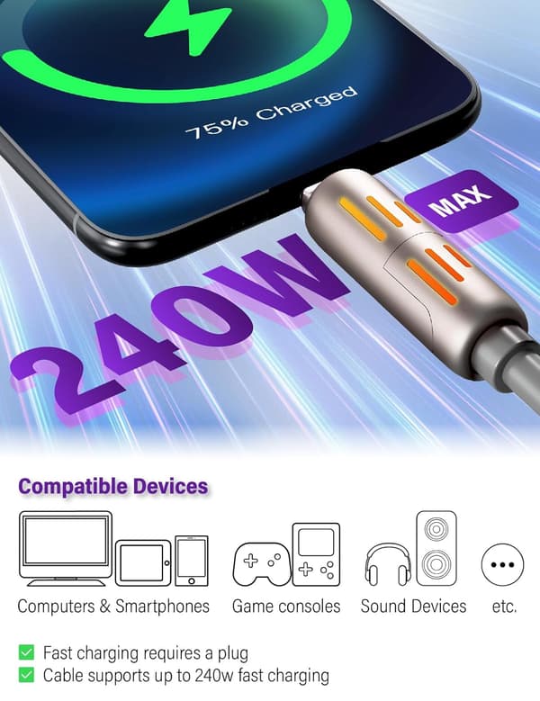 240W 4-in-1 USB-C Cable, Multi-Charger with Breathing Light, PD 5A Fast Charging & Data Sync Silicone Compatible with iPhone Samsung Laptop Grey Grey 1m