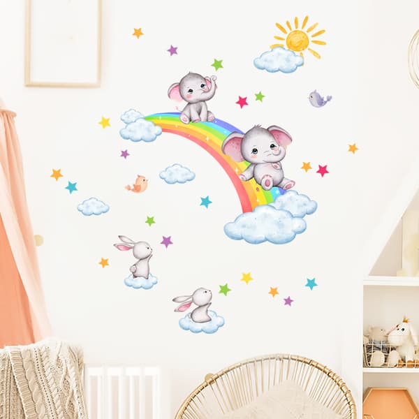 Rainbow Animal Wall Decals Elephant Rabbit Cloud Wall Stickers